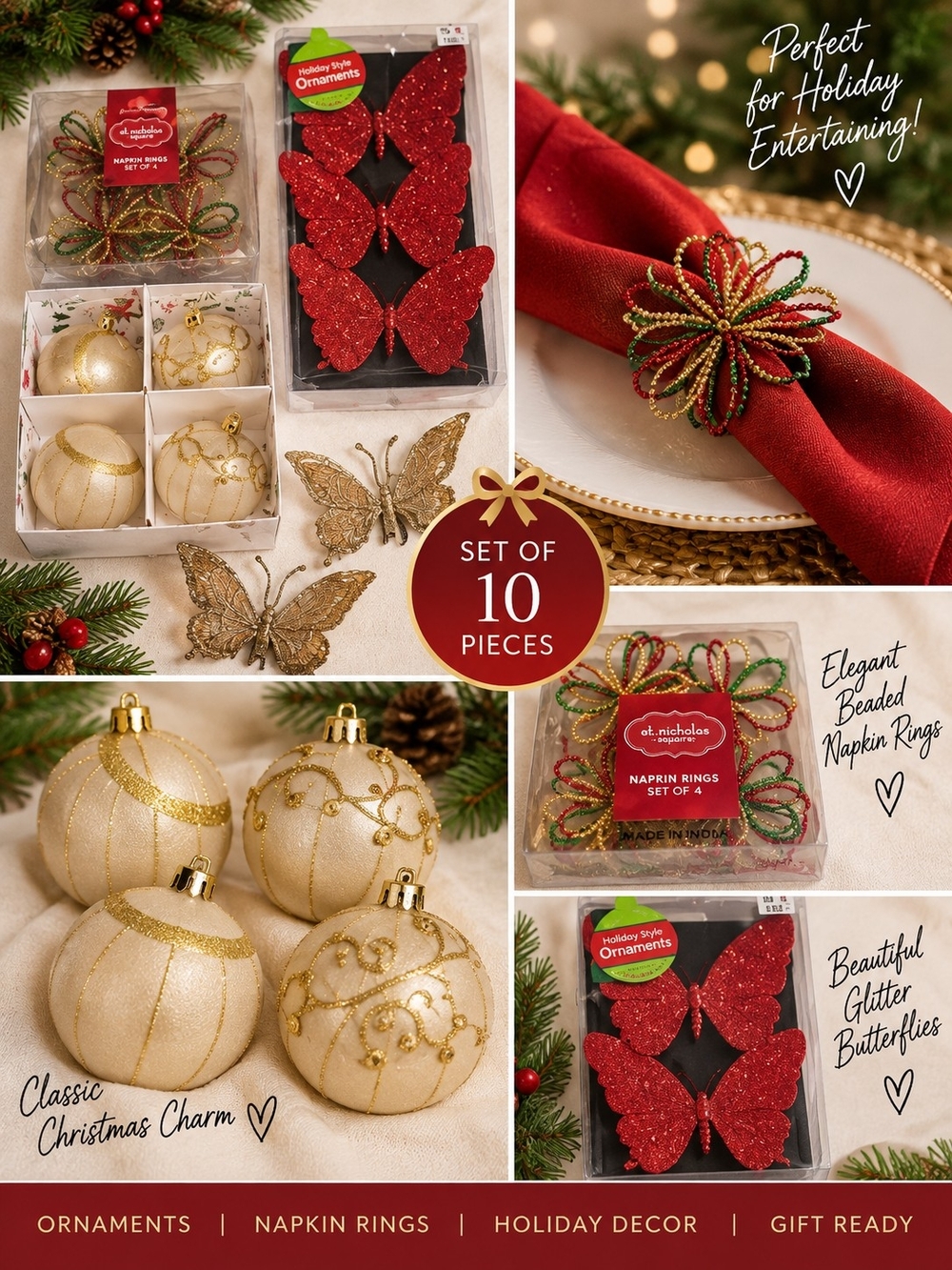 New st Nicholas lot of gold red butterfly christmas ornaments & napkin rings #33
